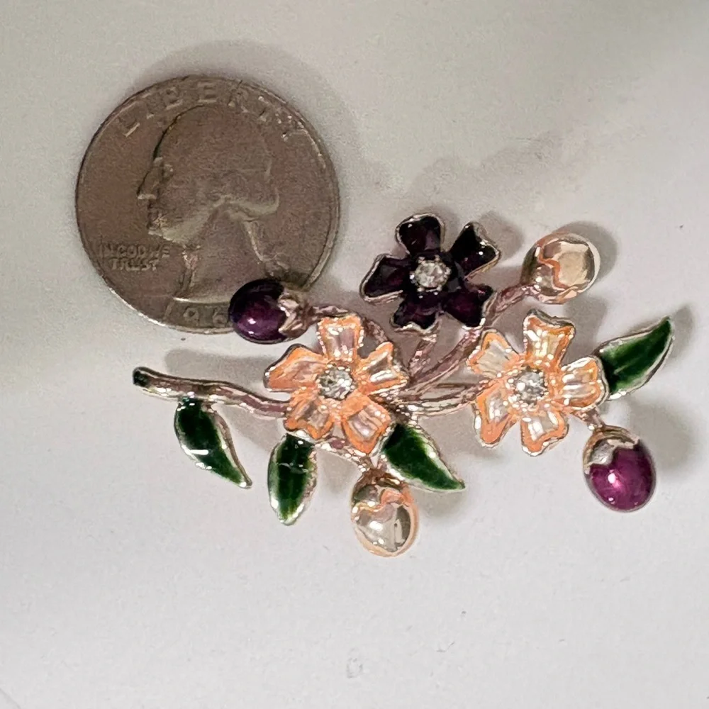 Vintage signed Floral Enamel Brooch with Purple and Green Accents